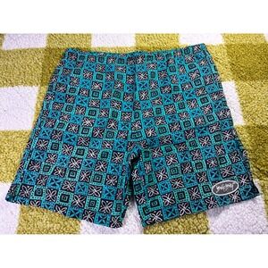 Vintage Bugle Boy Swim Trunks Mens XL Teal Black Geometric Tile Print 90s Shorts